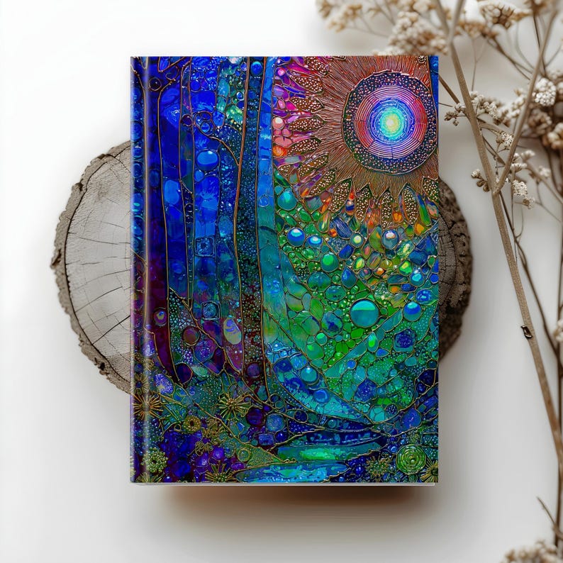 May include: A rectangular notebook featuring a vibrant mosaic-style cover design with deep blue, green, and purple hues. The artwork displays a circular sun-like motif at the top right, surrounded by intricate patterns of small, reflective, jewel-toned shapes.