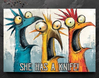 Funny Chicken Glass Cutting Board, She Has a Knife Kitchen Art, Colorful Tempered Glass Cheese Board Decor, Bird Chicken Decor