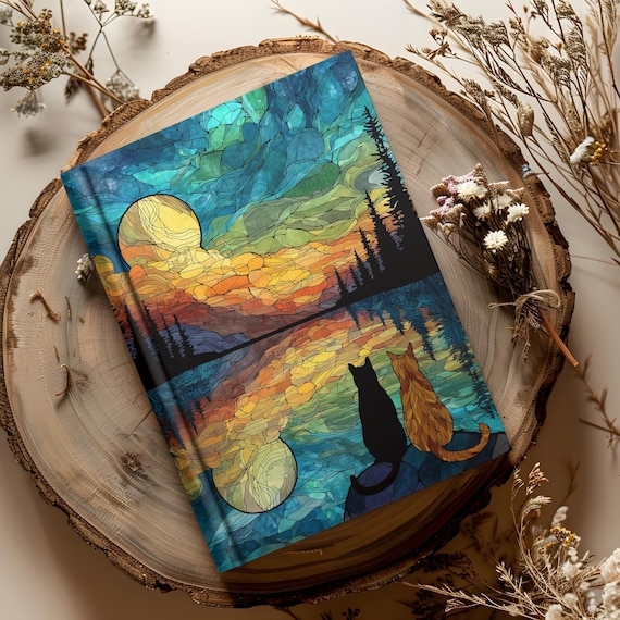 Stained Glass Cat Hardcover Journal – Two Cats at Sunset Notebook – Colorful Feline Artistic  – Cozy Cat Lover Gift 150 Pgs 8"x5.75"