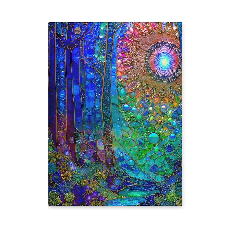 May include: A rectangular wall art piece featuring a mosaic-style forest scene with deep blue and teal trees. A large, radiant sun with copper and gold tones dominates the upper right, casting light over a textured landscape of green and blue.