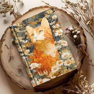 May include: A hardcover journal featuring an orange tabby cat surrounded by white daisies. The cat has green eyes and is looking upwards. The journal is resting on a wooden slice, with dried flowers and foliage in the background.