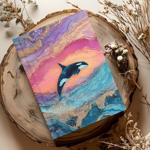 May include: An artwork depicting an orca leaping from blue waters, set against a backdrop of swirling pink, purple, and gold hues. The piece is presented on a wooden surface, creating a natural aesthetic.