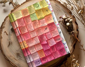 May include: A woven artwork composed of colorful sticky notes, each inscribed with affirmations. The notes are arranged in a grid pattern, with a few notes featuring smiley faces and other small illustrations. The artwork rests on a wooden surface.