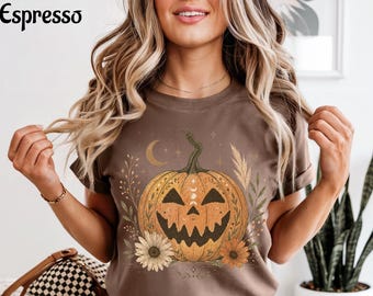 Boho Celestial Pumpkin Shirt, Vintage Halloween Comfort Colors Tee, Floral Jack O Lantern, Witchy Fall Shirt, Cottagecore Autumn Tee