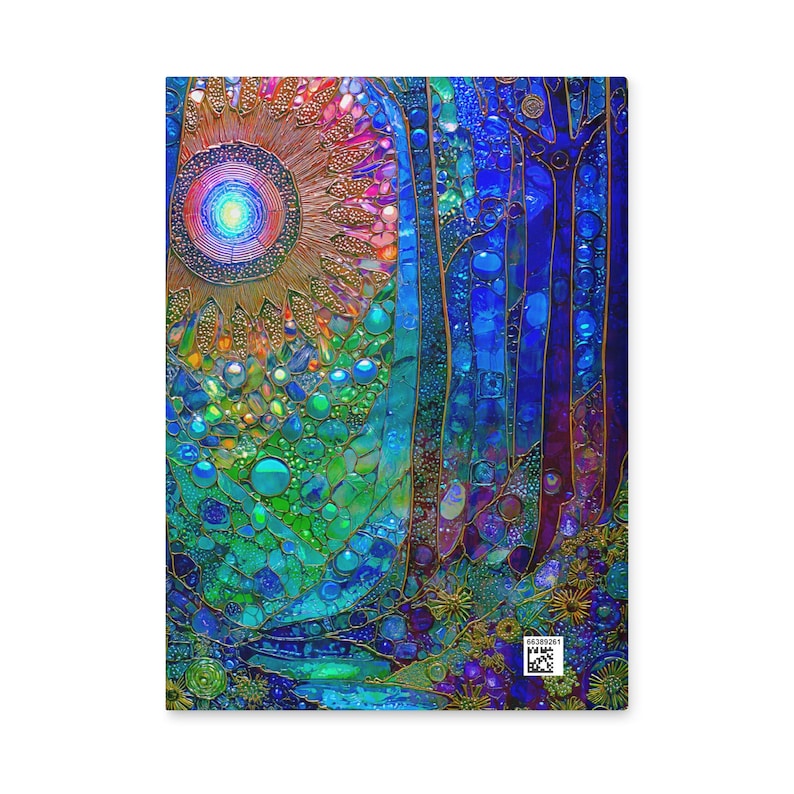 May include: A rectangular wall art piece featuring a mosaic-style design of a forest scene with a bright sun. The artwork uses vibrant shades of blue, green, and gold, with circular and linear patterns throughout. A small white square with text 66389261.