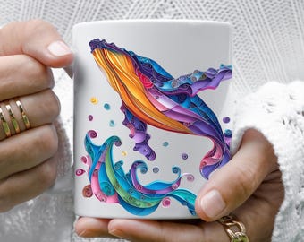 Quilled Look Humpback Whale Mug – Colorful Ocean Art Cup, Vibrant Whale Lover Gift, Artistic Sea Life Coffee Mug