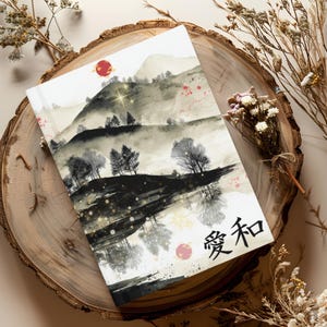 Japanese Ink Wash Style Landscape Journal – Love and Peace Zen Notebook, Minimalist Wabi Sabi Mountain Reflection Art Journal 5.75" x 8"