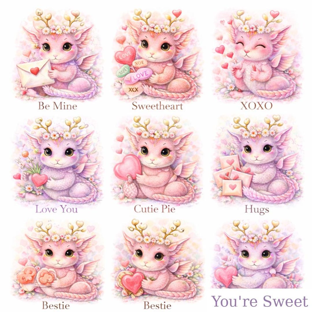Valentine Dragons Clipart | Watercolor Dragon PNG/JPG Set | Cute Love ...