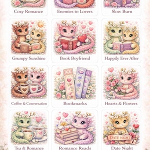 May include: A set of 12 watercolour stickers depicting baby dragons in romantic scenes. The stickers show dragons with books, hearts, and flowers, with captions such as "Cozy Romance" and "Date Night".