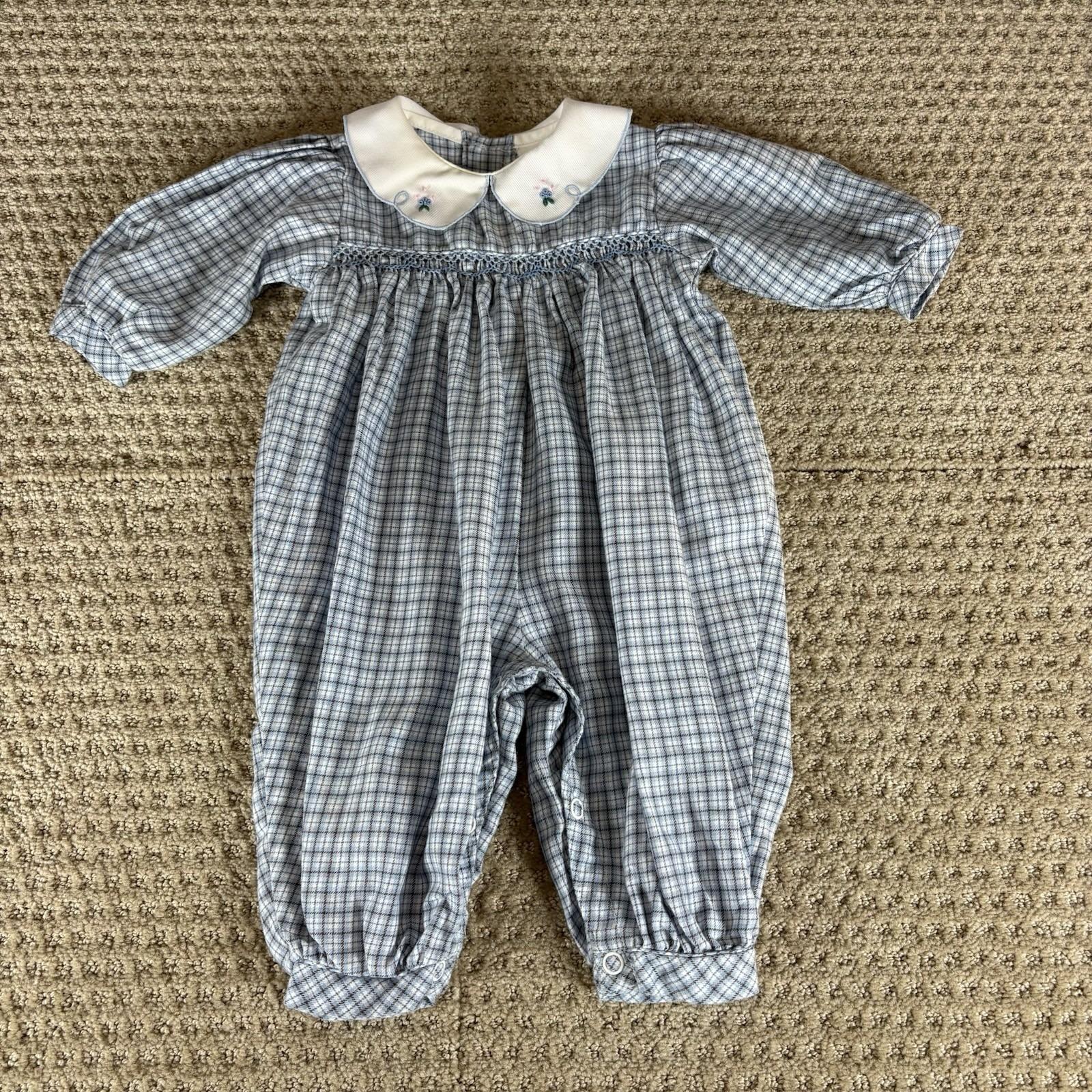 Baby Girl Vintage Carter's 0-3 Month Floral Collar Blue Plaid Smocked Snaps