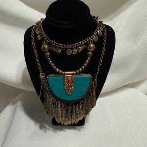 Eclectic Vintage Statement Necklace. Faux Turquoise, Red Cab, Metal Beads/Hammered Brass Tone Embellishment. Artsy Gift, Multi Strand. 18”
