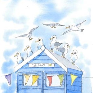 May include: A blue beach hut with a sign that says "Sunny" and a yellow sun. There are flags hanging from the roof and seagulls perched on the roof.