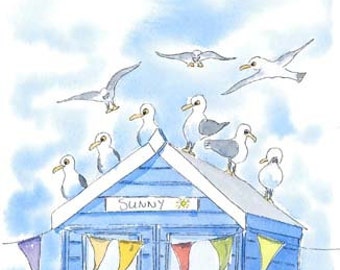 Sunny Blue beach hut and sea gulls.