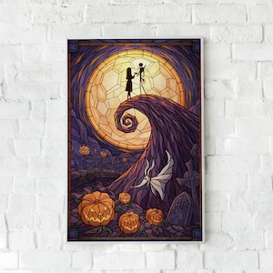 May include: A framed stained-glass style art print featuring a scene from The Nightmare Before Christmas. The artwork depicts Jack and Sally on a hill, with a large moon in the background, and pumpkins and Zero in the foreground. The color palette includes orange, purple, and yellow.