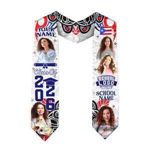 Custom Photo Name Puerto Rico Flag Stole, Taino Pattern Class of 2026 Sash