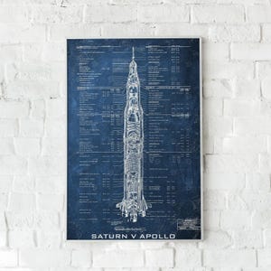 May include: A detailed blueprint of the Saturn V Apollo rocket, set against a dark blue backdrop. The technical illustration shows the rocket's internal components and specifications. The text "SATURN V APOLLO" is at the bottom.