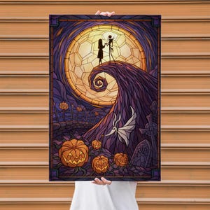 May include: A stained-glass style artwork featuring a silhouette of a couple on a hill in front of a full moon. The artwork has a dark purple and orange color scheme with pumpkins and a graveyard in the foreground. A whimsical, spooky theme.