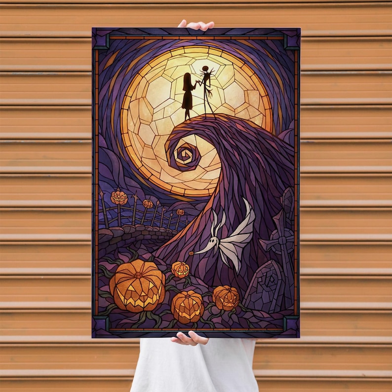 May include: A stained-glass style artwork featuring a silhouette of a couple on a hill in front of a full moon. The artwork has a dark purple and orange color scheme with pumpkins and a graveyard in the foreground. A whimsical, spooky theme.
