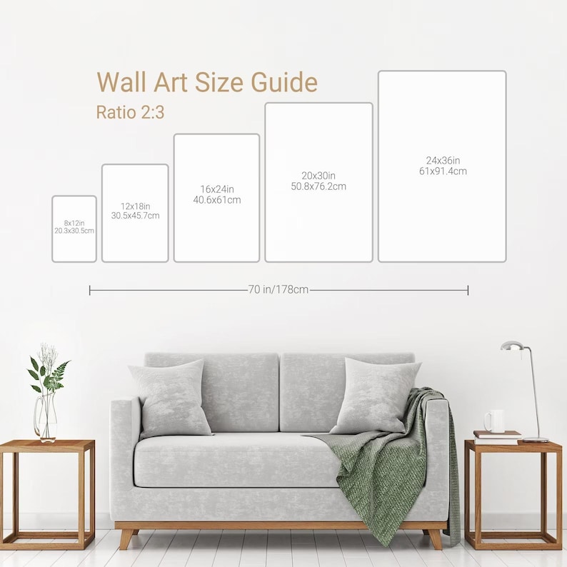 May include: A wall art size guide with the text "Wall Art Size Guide Ratio 2:3". The guide shows five rectangular art sizes: 8x12in, 12x18in, 16x24in, 20x30in, and 24x36in. A sofa and side tables are in the foreground.