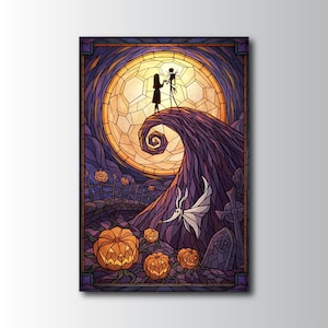 May include: Stained glass art featuring Jack and Sally from The Nightmare Before Christmas. The artwork depicts the couple on a hill with a spiral design, a full moon, and carved pumpkins. The color palette includes purple, orange, and yellow.