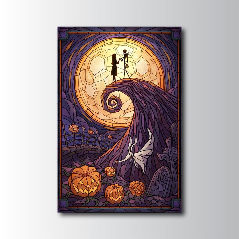 May include: Stained glass art featuring Jack and Sally from The Nightmare Before Christmas. The artwork depicts the couple on a hill with a spiral design, a full moon, and carved pumpkins. The color palette includes purple, orange, and yellow.