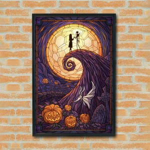 May include: Framed stained glass art featuring Jack and Sally from The Nightmare Before Christmas. The artwork depicts the couple on a hill with a spiral design, a full moon, and carved pumpkins. The color palette includes purple, orange, and yellow.