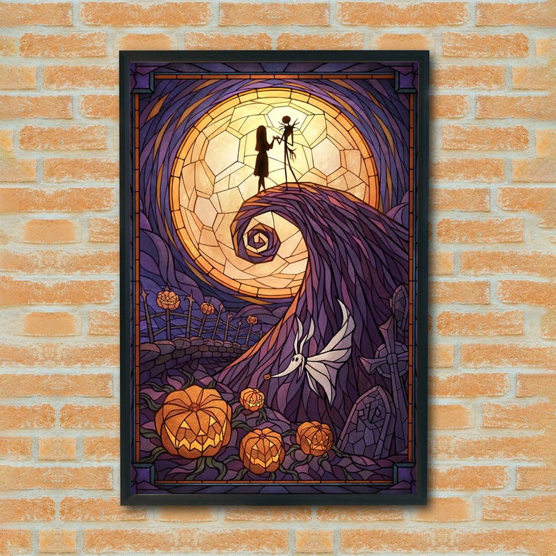 May include: Framed stained glass art featuring Jack and Sally from The Nightmare Before Christmas. The artwork depicts the couple on a hill with a spiral design, a full moon, and carved pumpkins. The color palette includes purple, orange, and yellow.