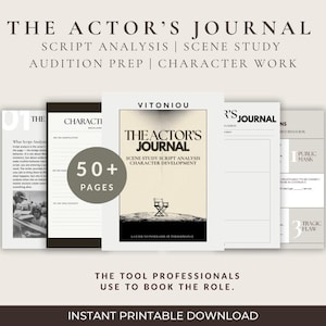 Puede incluir: Una colección de diarios imprimibles para actores con el título "The Actor's Journal" y el texto "Script Analysis | Scene Study | Audition Prep | Character Work". Los diarios incluyen más de 50 páginas y están diseñados para uso profesional.