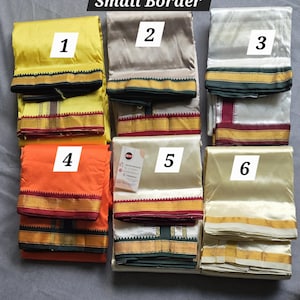May include: Six folded silk sarees in various colors, including yellow, silver, white, orange, and cream. Each saree features a decorative border with gold, green, and red accents. The text "Small Border" is at the top.