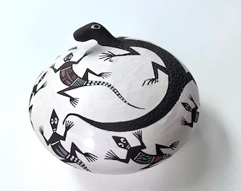 Signed Sharon Lewis Acoma Pueblo Seed Pot W/ 3D Sculpted Lizard, Hand Painted Polychrome Native American Mimbres Lizard 3" Pottery Jar