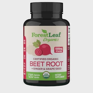 May include: A black bottle of Forest Leaf Organics Beet Root capsules. The label features a beet illustration, the text "Certified Organic", and "1000mg P/Serving". The bottle contains 120 vegetable capsules and is a dietary supplement.