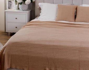 Handmade Beige Cotton Knit Blanket – Soft Cotton-Acrylic Throw, Cozy Home Decor Blanket