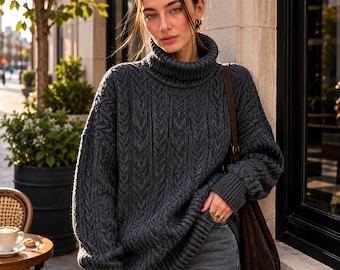 May include: A charcoal gray cable-knit sweater featuring a high turtleneck collar, long sleeves with ribbed cuffs, and a textured vertical pattern. The garment is paired with dark gray denim jeans and a brown leather shoulder bag with a strap.