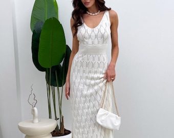 Handmade White Crochet Lace Long Dress: Openwork Knit Summer Maxi Dress
