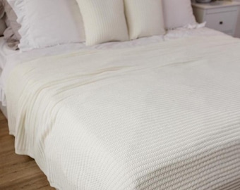 Handmade  Cream Knit Cotton Blend Blanket – Soft Textured Throw, Cozy Home Decor Blanket
