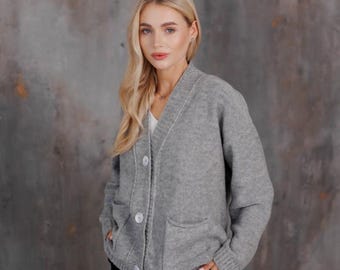 Handmade Gray Wool Blend Oversized Cardigan: Button-Up Knit Sweater