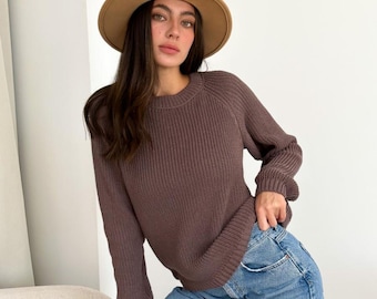Handmade Chocolate Brown Knit Sweater: Minimalist Cotton-Blend Pullover
