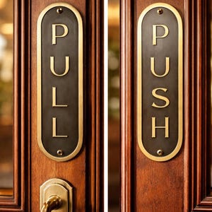 Può includere: Primo piano di due porte in legno con ferramenta in ottone. Una porta ha una placca in ottone con la scritta "PULL" in maiuscolo. L'altra porta ha una placca in ottone con la scritta "PUSH" in maiuscolo. Le porte sono di un ricco colore marrone scuro.