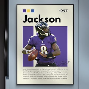 Póster de Lamar Jackson / Baltimore Ravens / Póster deportivo / Fútbol americano / Arte mural de la NFL / Póster de la NFL / Decoración deportiva para dormitorio / Equipo de fútbol americano Ravens