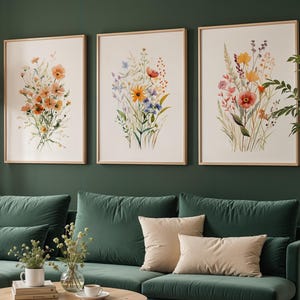 Wildflower Wall Art Set of 3 Botanical Floral Prints | Minimalist Boho Wall Decor | Botanical Wall Art | Minimal Floral Prints| Water Color