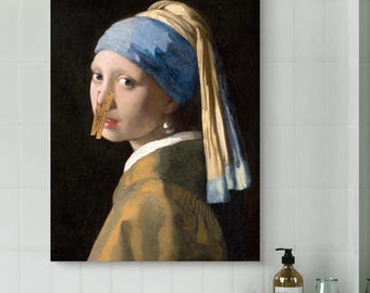 Funny Girl Covering Nose Print | Clothespin Nose Bathroom Decor | Humorous Wall Art | Vermeer Classic Art Parody | Quirky Gift