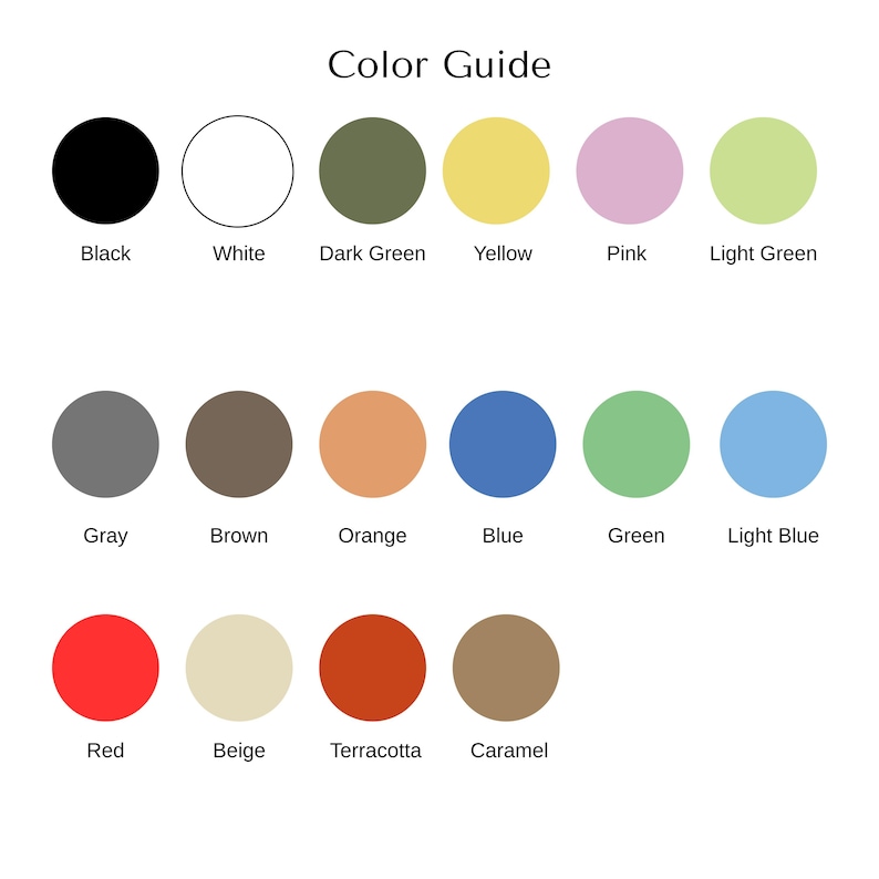 Puede incluir: Una gu&iacute;a de colores que presenta diecis&eacute;is muestras de color circulares dispuestas en tres filas. El texto 'Color Guide' aparece en la parte superior. Cada c&iacute;rculo est&aacute; etiquetado con su nombre de color correspondiente: Black, White, Dark Green, Yellow, Pink, Light Green, Gray, Brown, Orange, Blue, Green, Light Blue, Red, Beige, Terracotta y Caramel.