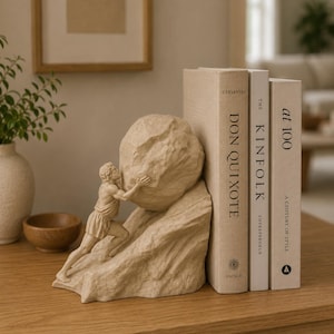 May include: A beige bookend featuring a sculpted figure pushing a large boulder up a rocky incline, positioned next to three books titled Don Quixote, The Kinfolk Entrepreneur, and At 100 A Century of Style, all with neutral-toned fabric covers.