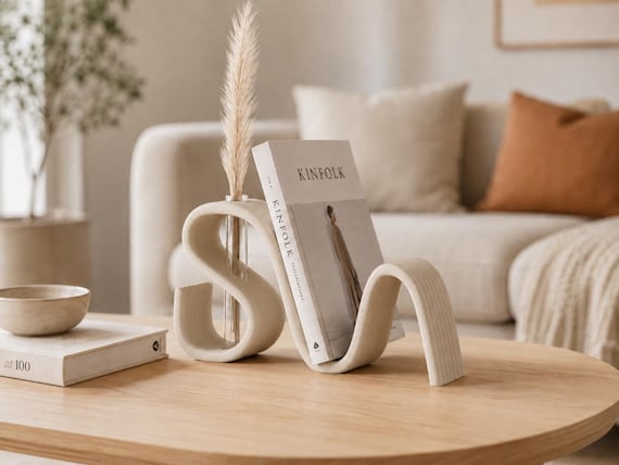 Architectural Wave Book Holder Vase Modern Home Decor Contemporary Shelf Styling Accent Decorative Vase Flower, Minimalist Book Stand