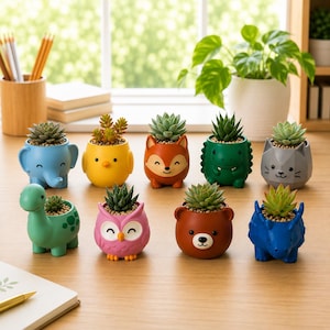 May include: A collection of nine small animal-shaped ceramic planters, each containing a miniature succulent. The figures include a blue elephant, yellow chick, orange fox, green dinosaur, gray cat, green long-necked dinosaur, pink owl, brown bear, and blue triceratops.