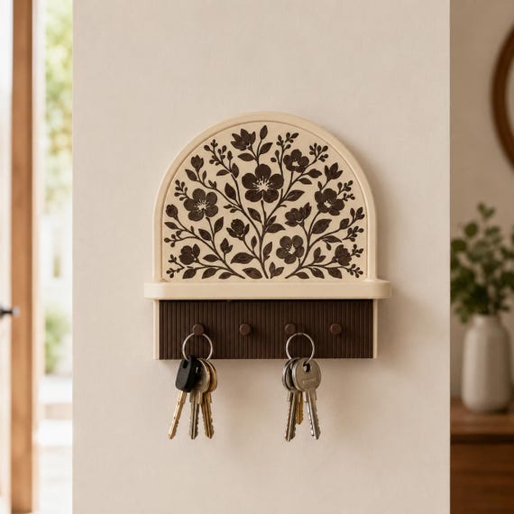 Floral Wall Key Holder, Botanical Key Organizer with Shelf, Entryway Key Rack, Nature Inspired Wall Decor, 3D Printed Key Holder
