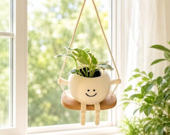Hanging Swing Planter, 3D Printed Happy Face Plant Pot, Cute Indoor Hanging Planter, Whimsical Window Decor, Unique Plant Lover Gift