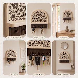 Puede incluir: Un soporte para llaves de pared con una parte superior arqueada que presenta un patr&oacute;n floral marr&oacute;n oscuro sobre un fondo crema. Incluye un peque&ntilde;o estante y un panel acanalado marr&oacute;n oscuro con cuatro ganchos para colgar llaves.
