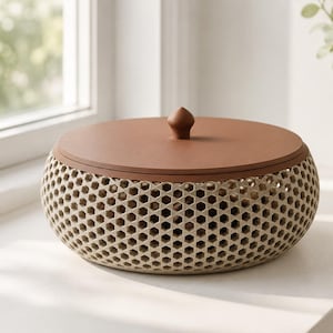 May include: A round, low-profile container featuring a beige, open-work lattice body with a repeating hexagonal pattern. The container is topped with a smooth, flat, solid brown circular lid that includes a small, pointed central handle.