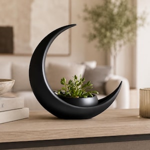 May include: A matte black crescent moon-shaped planter featuring a smooth, curved frame that cradles a small, round bowl containing a green succulent plant. The structure is solid and minimalist, designed to hold a single small potted plant.